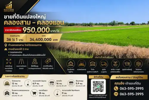 คลองหลวง รวมประกาศที่ดินขาย 1,040 รายการ อัพเดทล่าสุด: ขายที่ดินแปลงใหญ่ 36 ไร่ 1 งาน คลองสาม – คลองแอน ตำบล คลองสาม อำเภอคลองหลวง